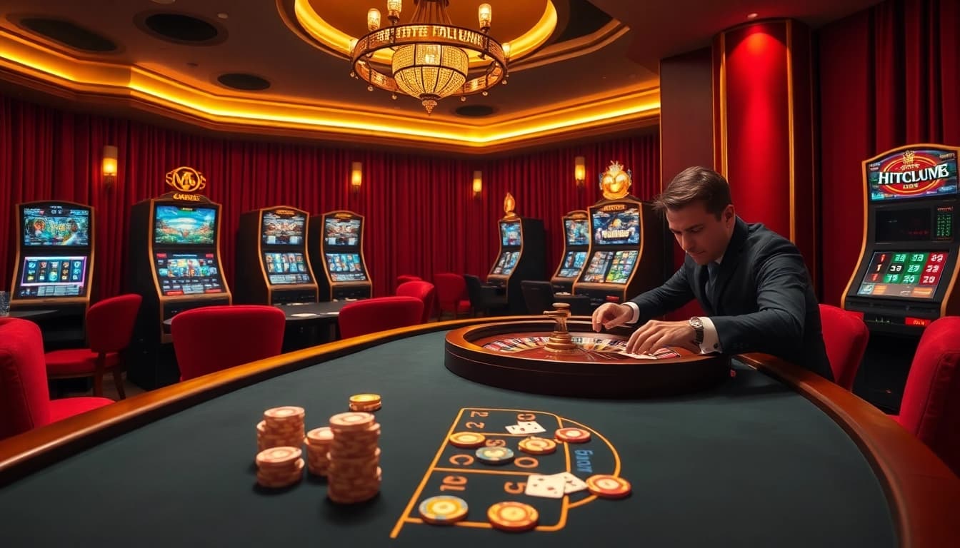 Hitclub showcases the excitement of casino gaming with a sleek blackjack table and roulette wheel in a luxurious setting.