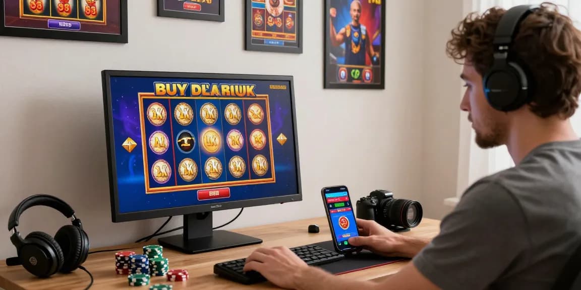Player enjoying a thrilling bonus buy slots uk experience at home with vibrant slot visuals and gaming props.