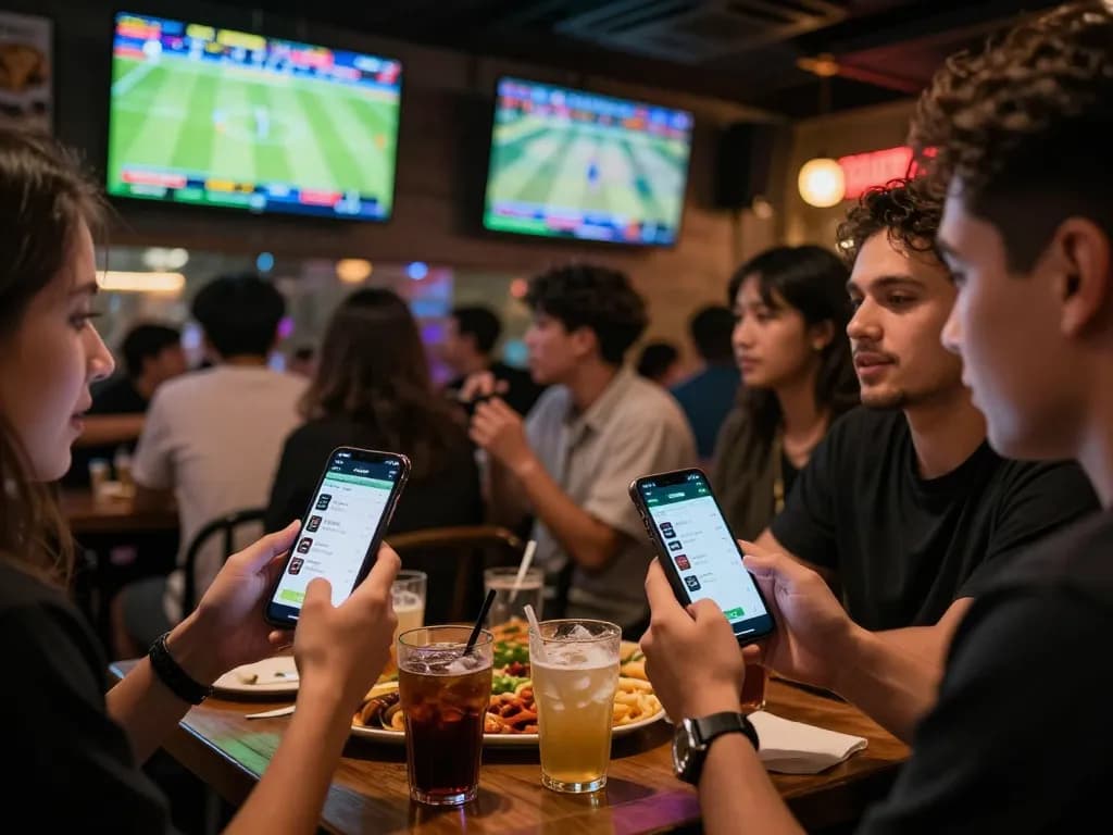 Tỷ lệ kèo nhà cái displayed on smartphones in an energetic sports bar atmosphere.