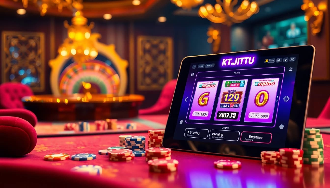 KTPJITU slot machine in a luxurious casino setting with vibrant poker chips and a digital display.