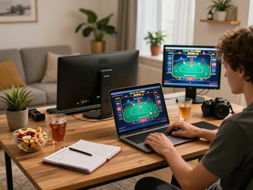 Engaged player exploring Canadian online casinos at home with vibrant gaming setup.