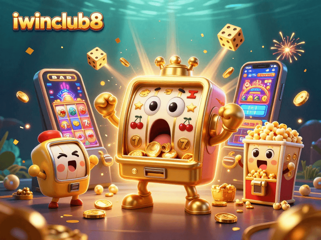 Experience the thrilling wins at iwinclub8 with a playful golden slot machine and cheering companions.