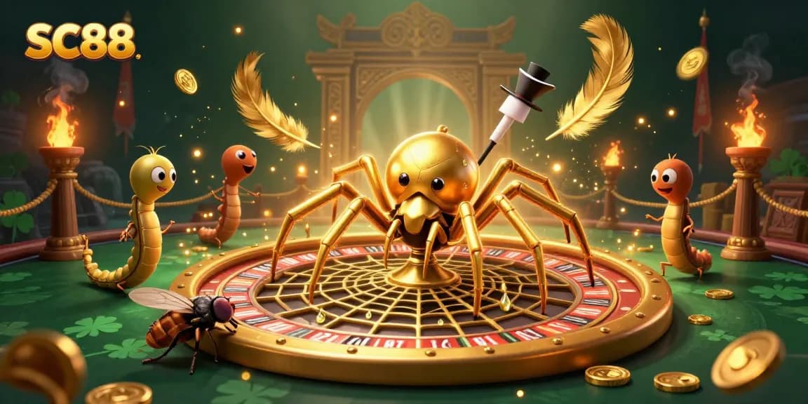 Experience SC88 with a thrilling scene of a golden spider and fly placing bets in a vibrant casino atmosphere.