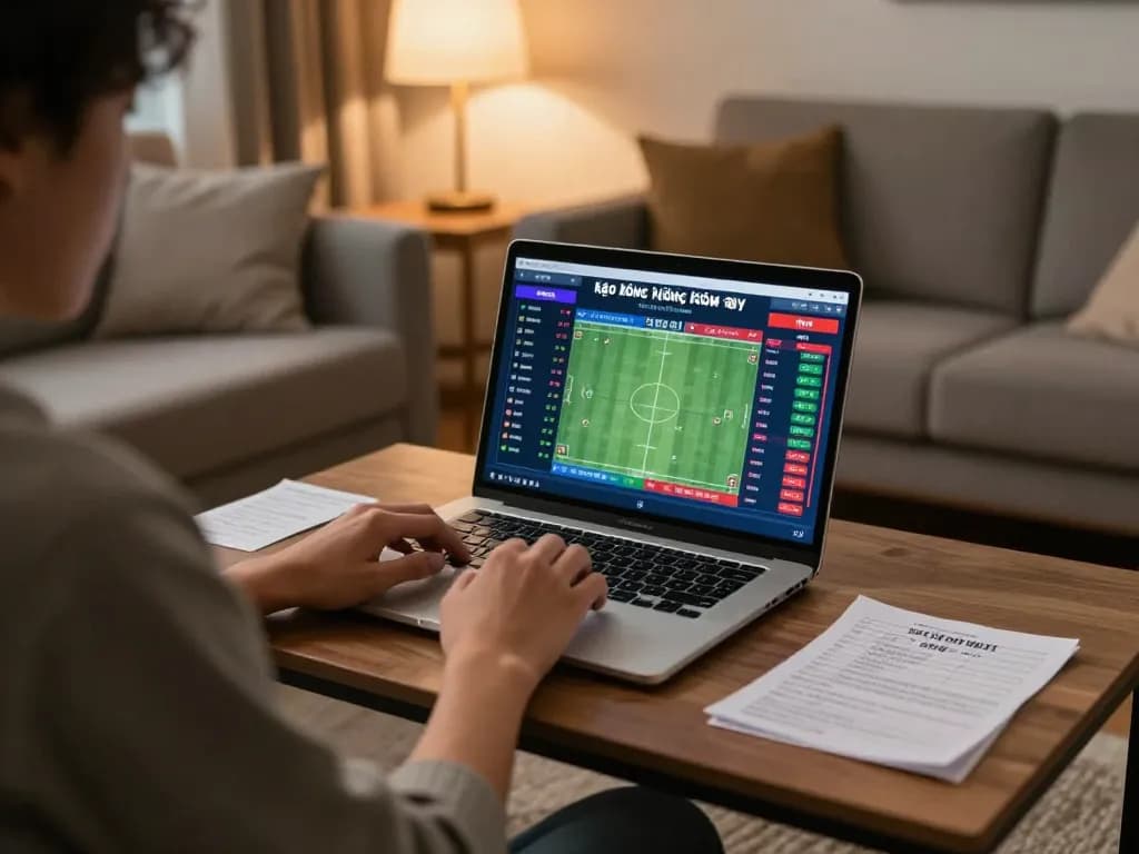 Kèo bóng đá hôm nay displayed on a laptop during an engaging sports betting session at home with warm lighting and strategic notes.