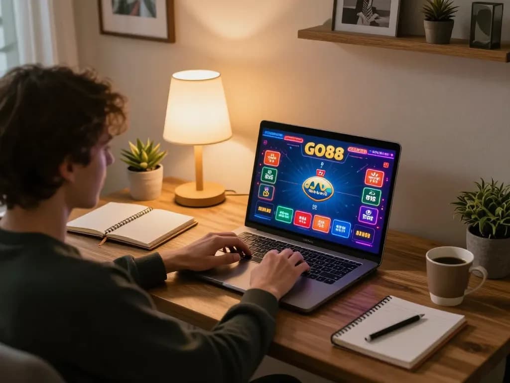 Engaging in GO88 poker gameplay at a modern home office setup, showcasing online casino excitement.