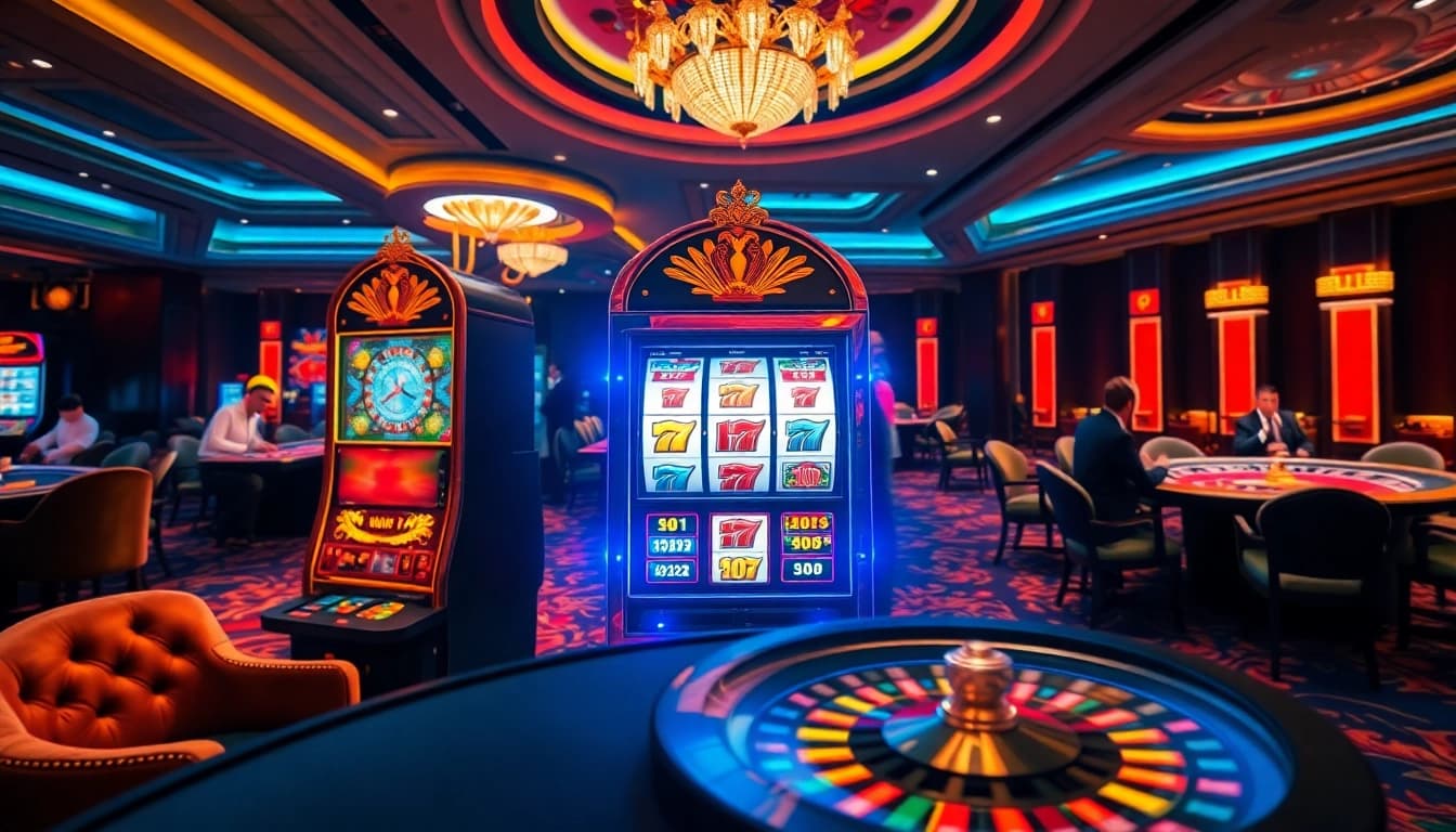 Spin the reels at https://l567.tech/ Casino showcasing vibrant slot machine action and luxurious decor.
