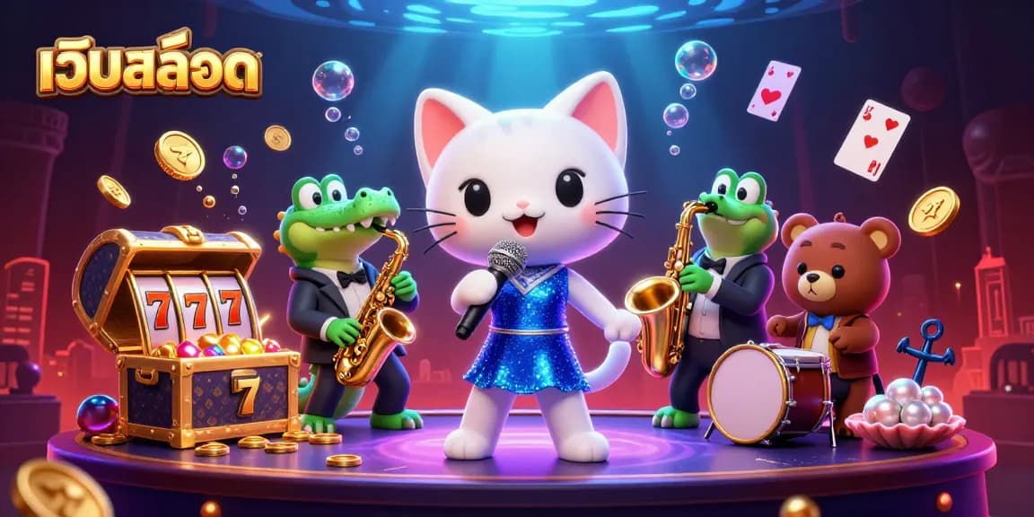 Engage in เว็บสล็อต excitement with a jazz-singer cat, saxophone crocodile, and drum-playing bear in a vibrant casino scene.