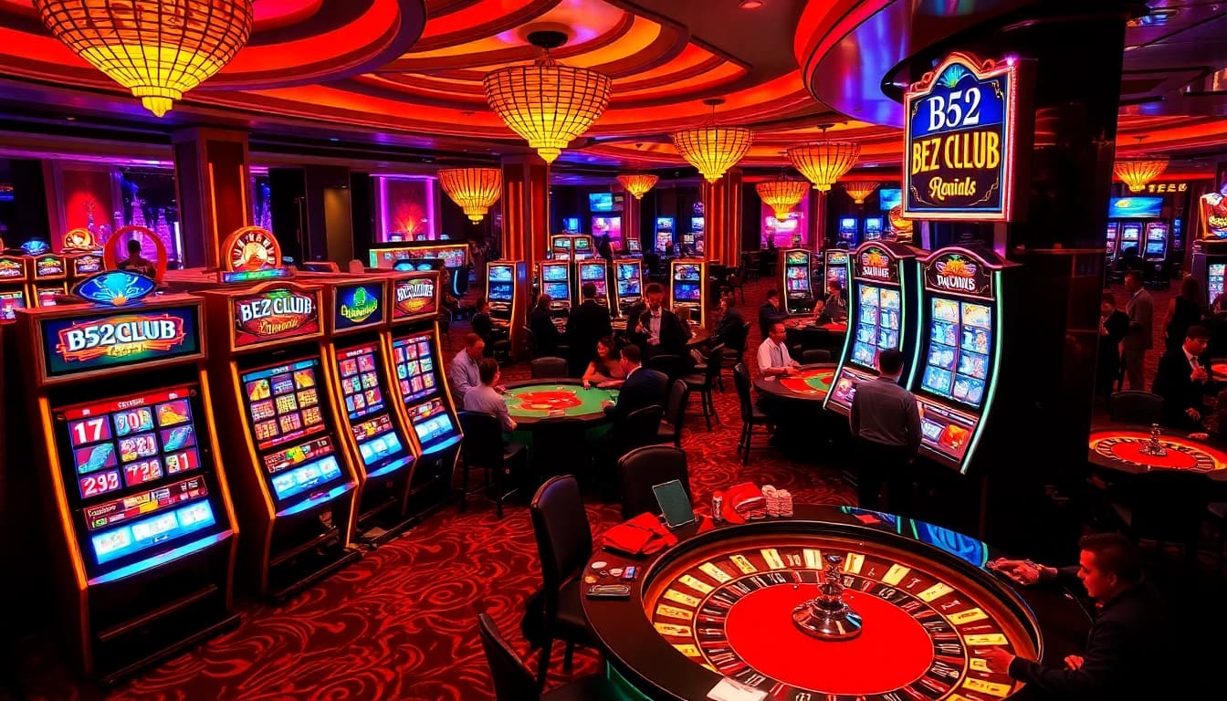 Players enjoying games at B52club-themed casino, showcasing excitement and luxury.