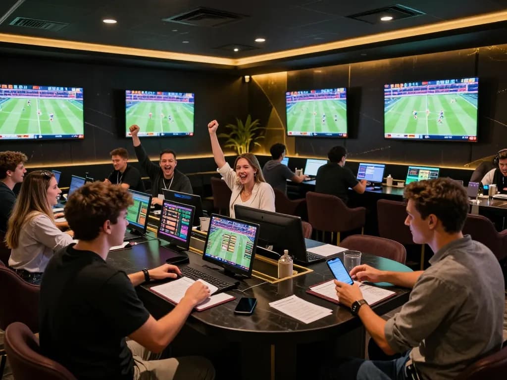 Betting enthusiasts analyzing odds at Rikvip's vibrant sports betting lounge.