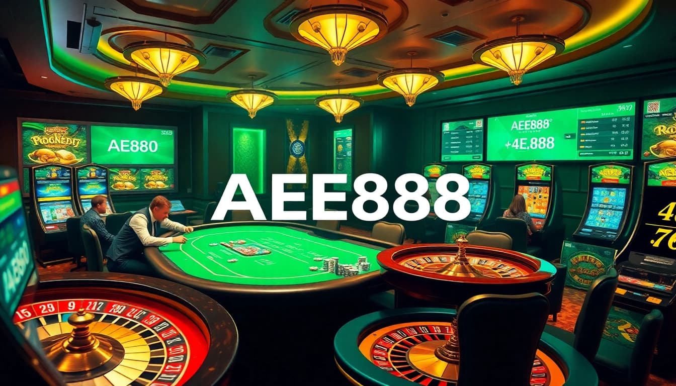 Experience the excitement of AE888 through a vibrant casino scene featuring poker tables and dynamic betting.