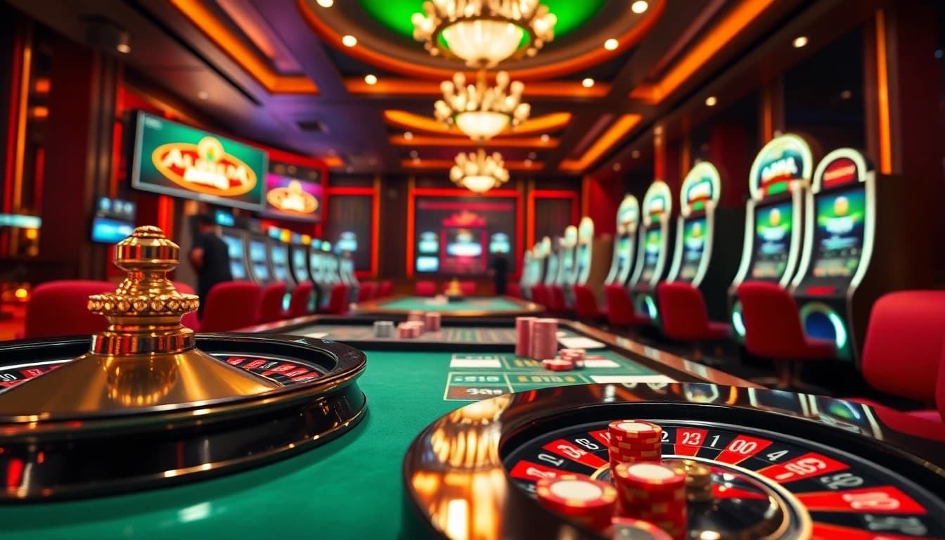 Players enjoying thrilling games at https://lucky88vi.net, featuring an engaging casino atmosphere with vibrant slot machines and roulette.