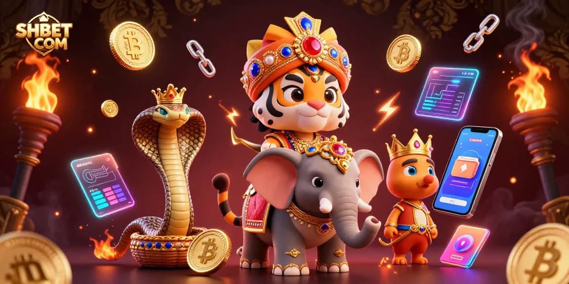 Engage with SHBET COM at a colorful casino scene featuring tiger and elephant among crypto elements