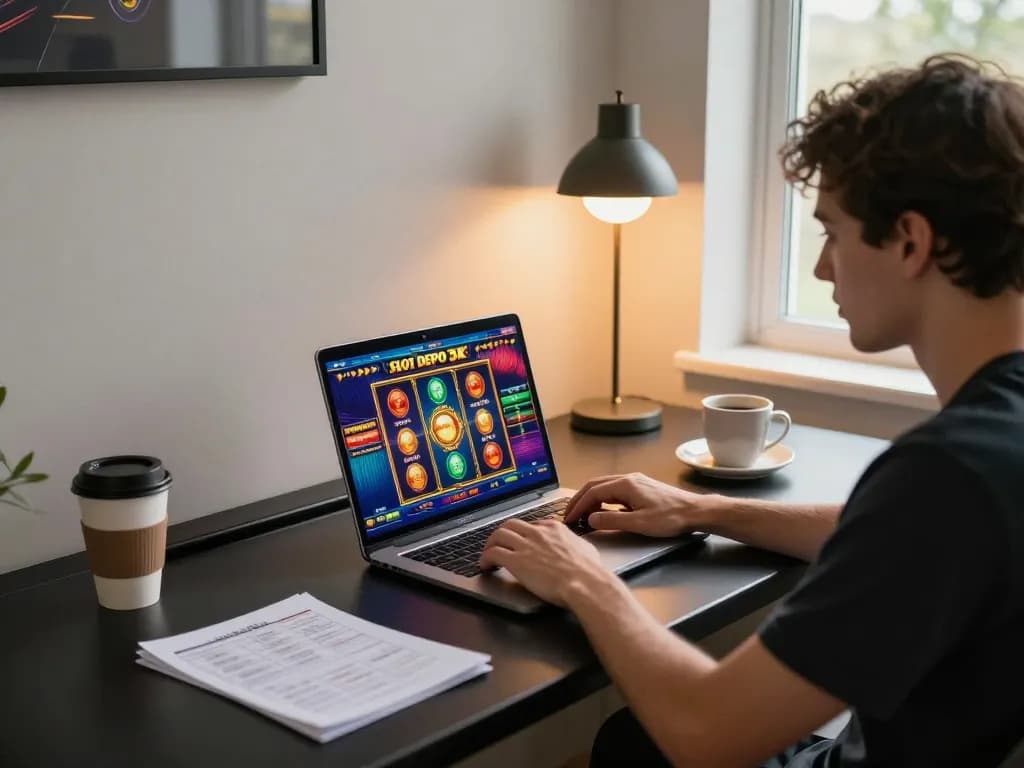 Engaging user playing online slot depo 5k game on a laptop, showcasing vibrant gaming interface.
