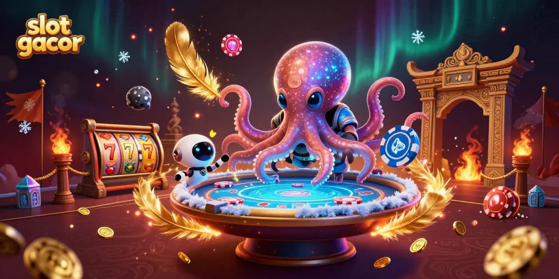 Engage with slot gacor action featuring a vibrant alien octopus at a holographic poker table.