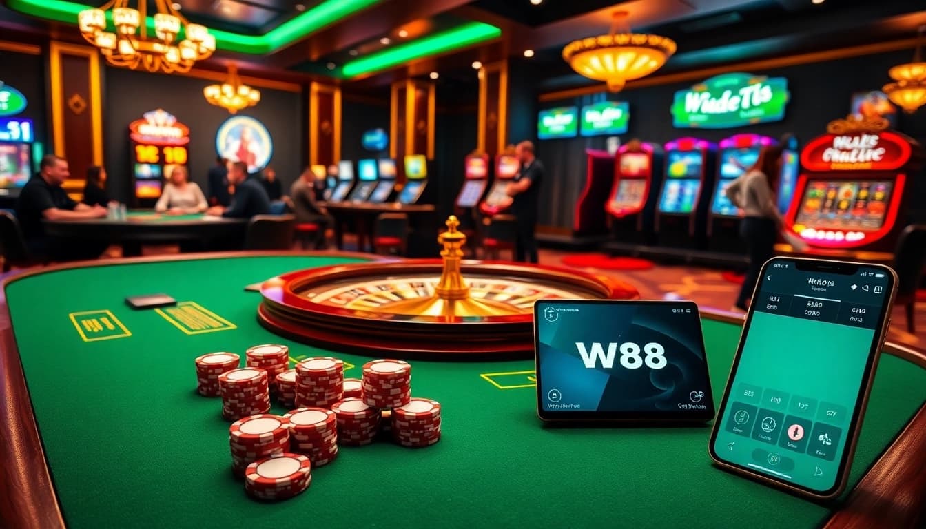 Engaged players at the W88 poker table, enjoying high-stakes action in a luxurious casino setting.
