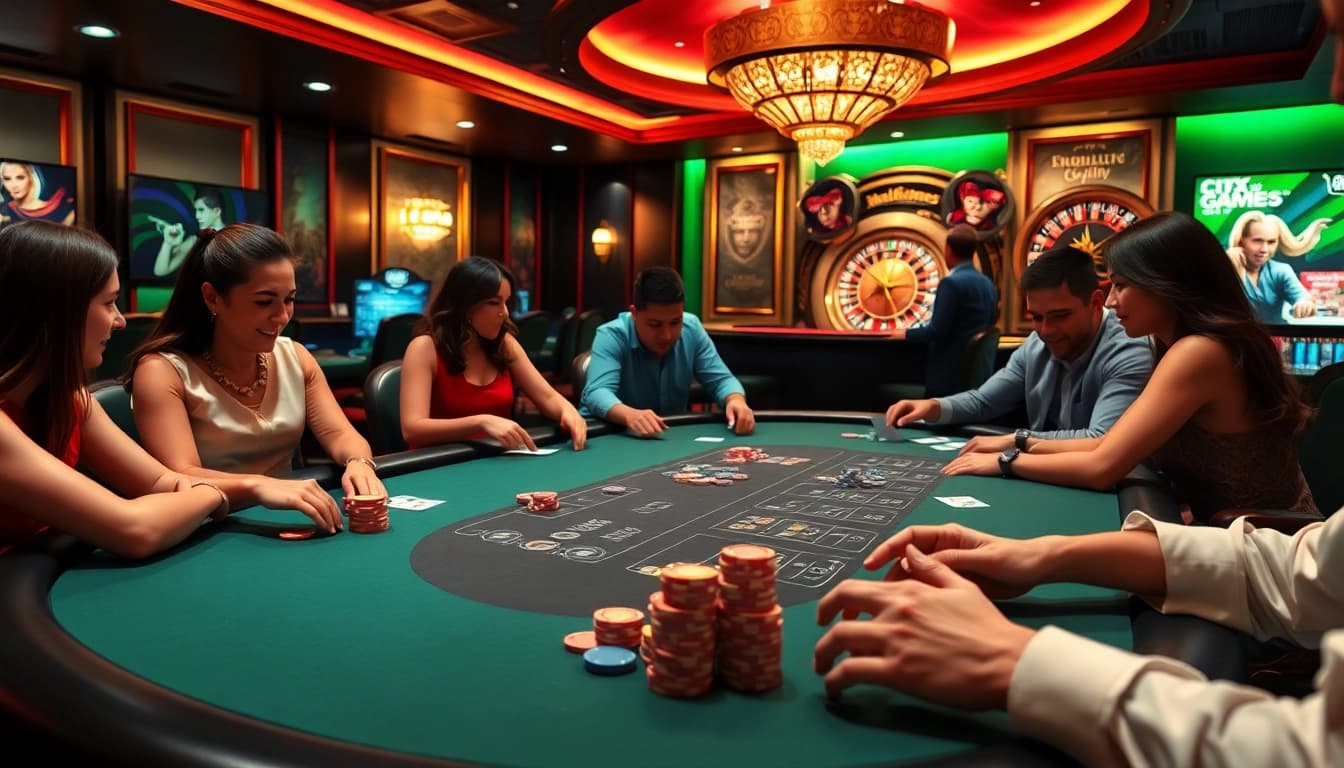 Players engaging with sex games at a vibrant casino table, emphasizing excitement and strategy.