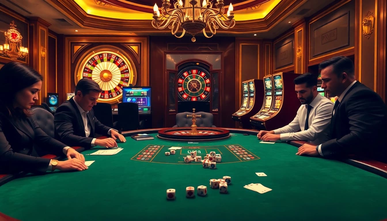 Players strategize at a poker table in a luxurious casino atmosphere featuring s8 elements and vibrant gambling action.