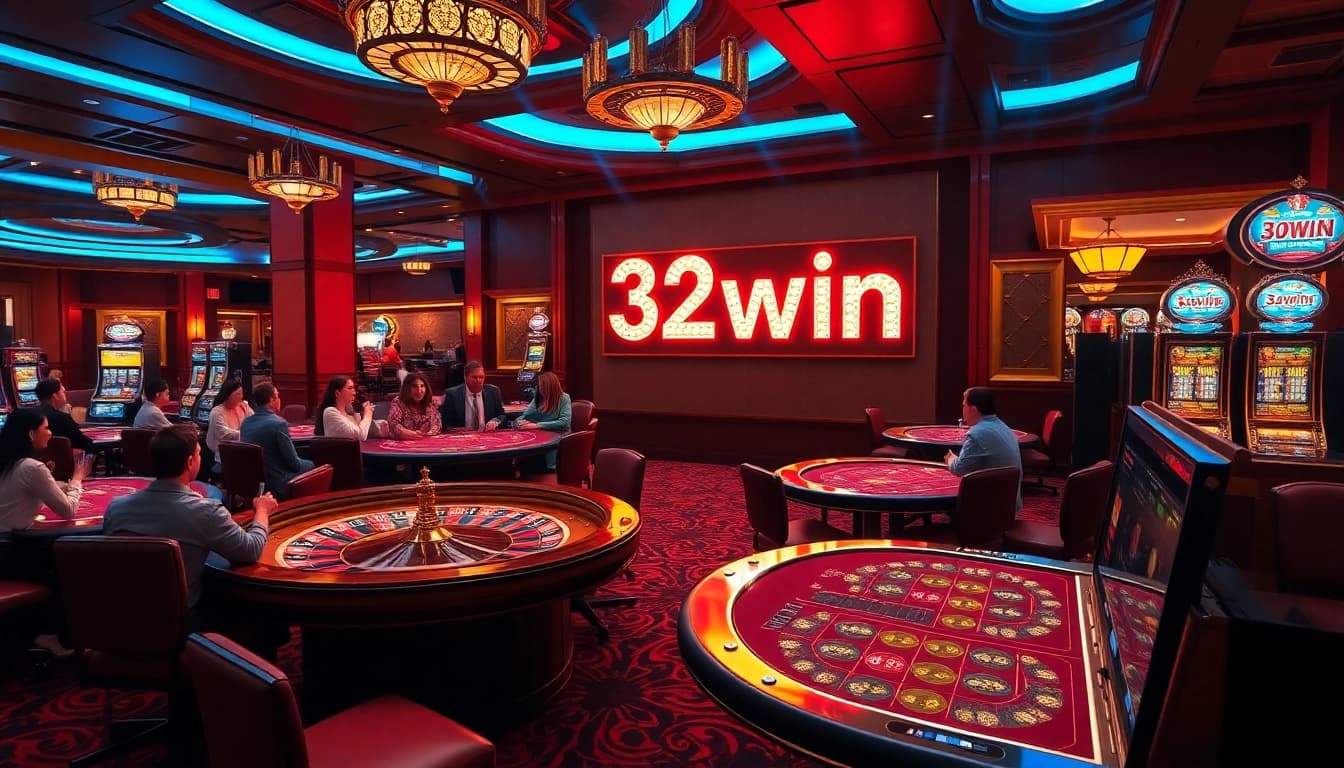 32win players engaged in a high-stakes game at a luxurious casino table.