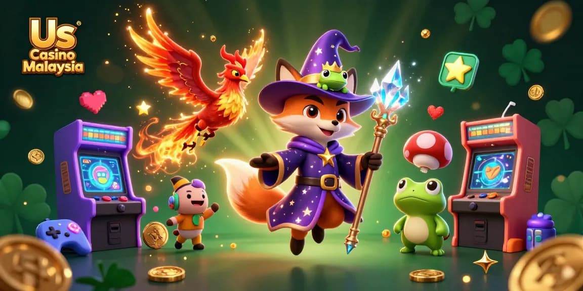 Experience magical wins at Us Casino Malaysia with a vibrant scene filled with enchanting characters and gaming elements.