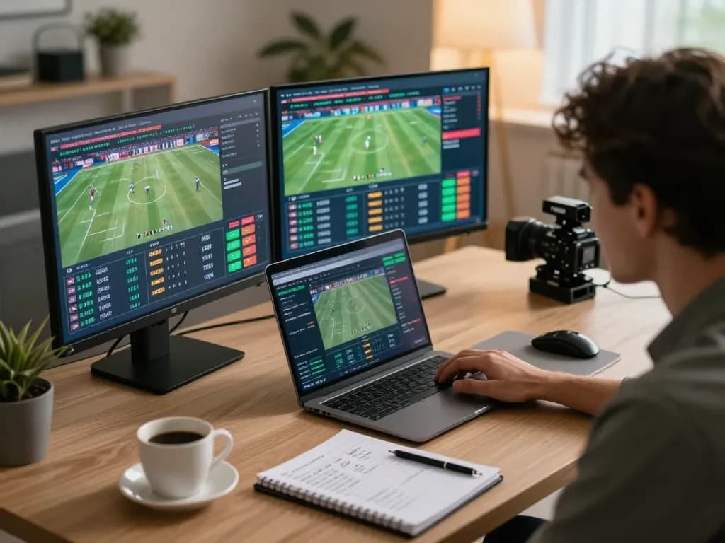 Engaging in strategic online betting on NET88 from a modern setup with multiple screens.