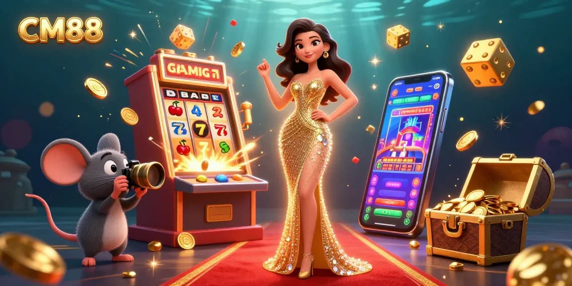 Win big with CM88 at a vibrant online casino, featuring a 3D lottery scene with golden jackpots and game elements.