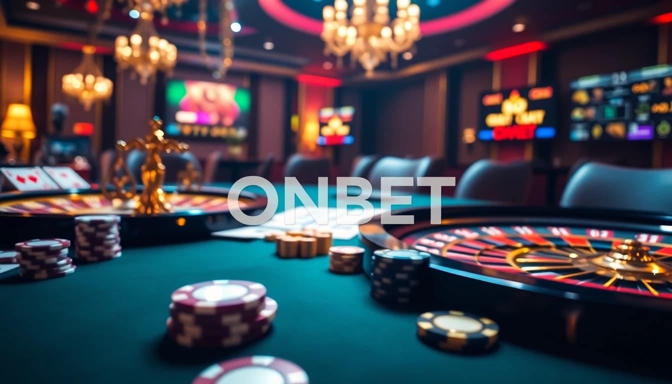 Engaging scene at ONBET casino with vibrant tables and winning excitement.
