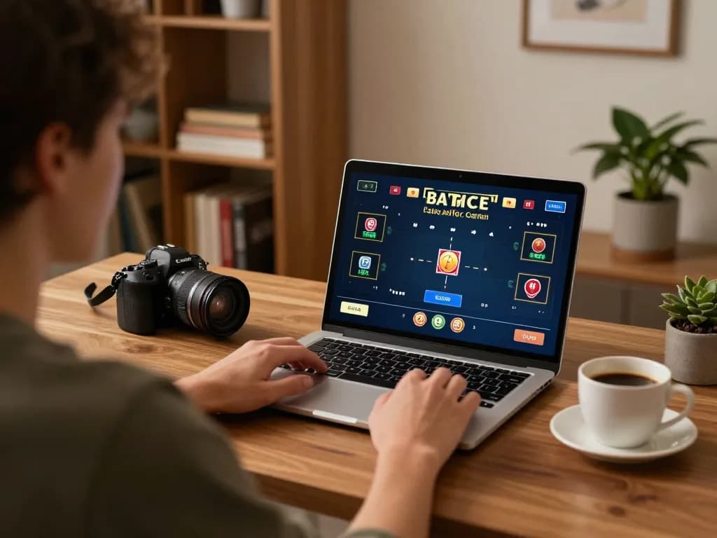 Players strategizing at 555win poker game interface on laptop in cozy home setting