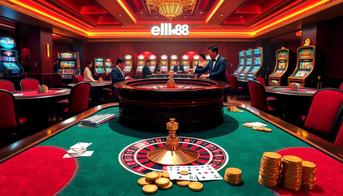Hello88 gaming scene featuring a roulette wheel, poker tables, and engaged players enjoying a casino experience.