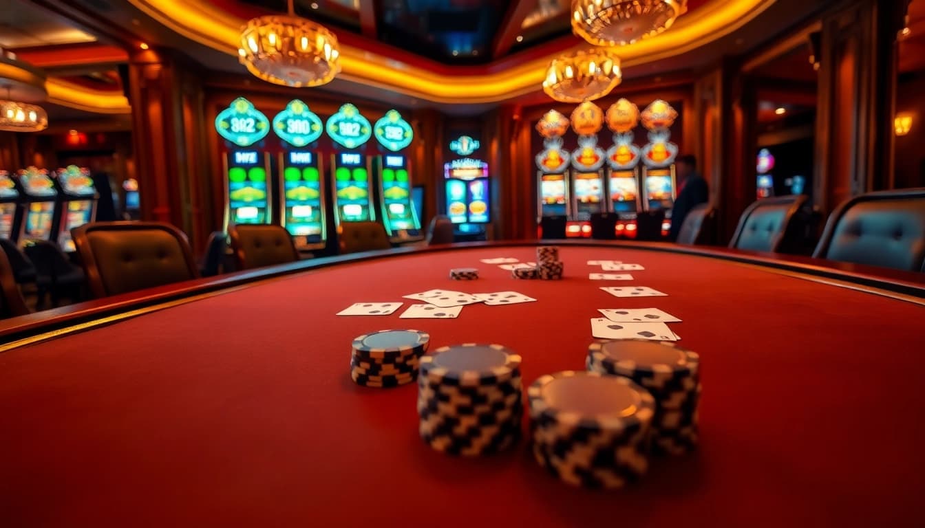 Experience high-stakes action at B52 Club's luxurious poker table with vibrant casino elements.