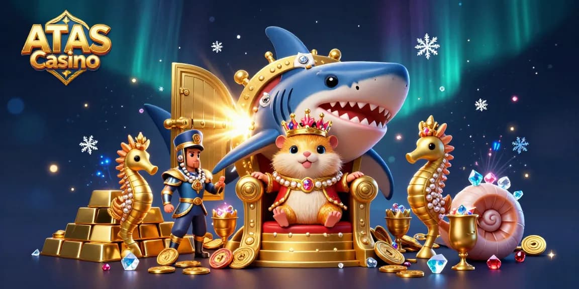 Engage with ATAS Casino’s vibrant 3D scene featuring a golden hamster king on a megalodon throne surrounded by treasure.