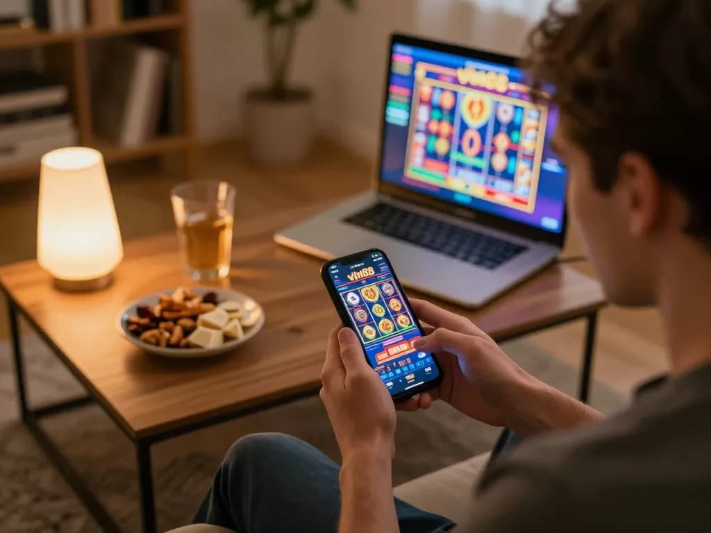Player enjoying online games on vin88 app in cozy home setting with snacks and warm lighting