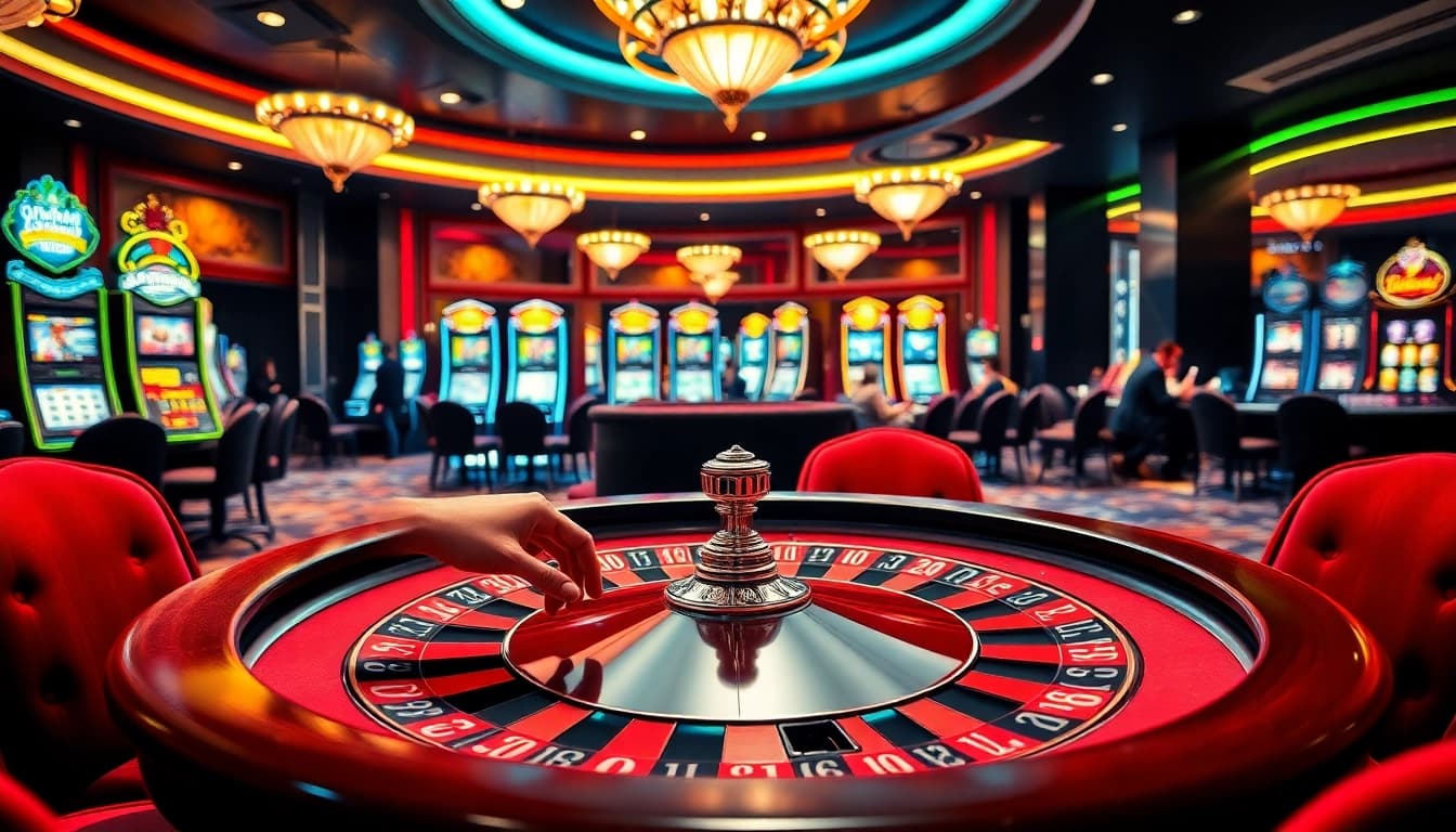 Experience the excitement of gambling with Bro138's vibrant casino scene, featuring roulette and slot machines.
