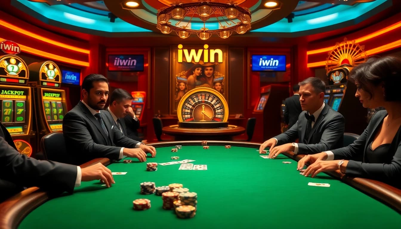 Players enjoy a game at the iwin poker table, emphasizing excitement and luxury in the casino.