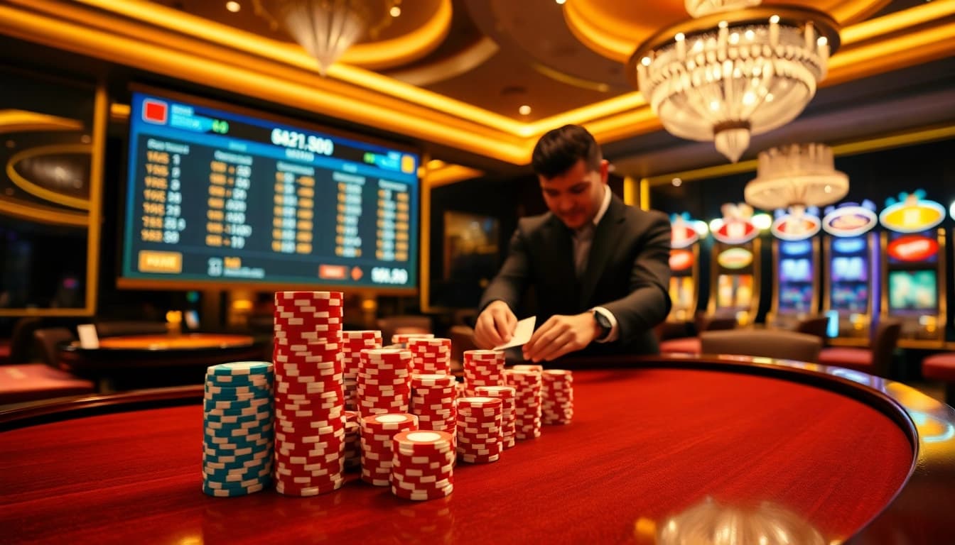 Engaging gambling scene showcasing the excitement of RR88 with poker chips and live dealer tables.
