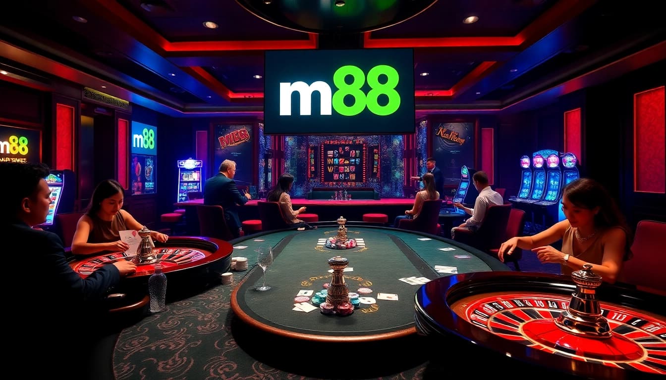 Experience m88's vibrant casino action with players at poker tables and roulette wheels.