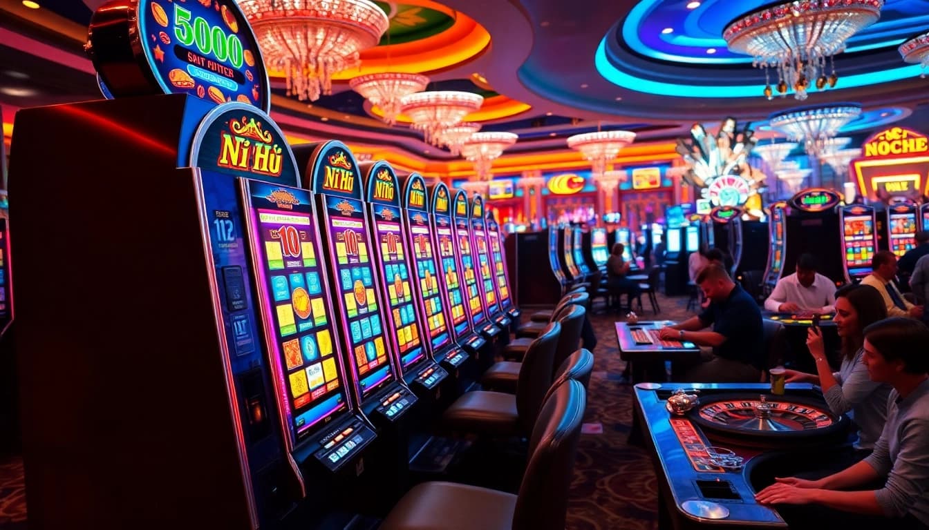 Spin the Nổ Hũ slot machines with excitement on a vibrant casino floor.