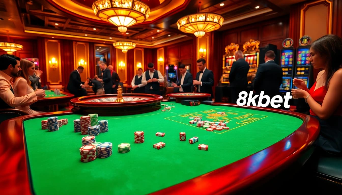 Players enjoying exciting casino games at 8kbet, surrounded by vibrant tables and colorful chips.