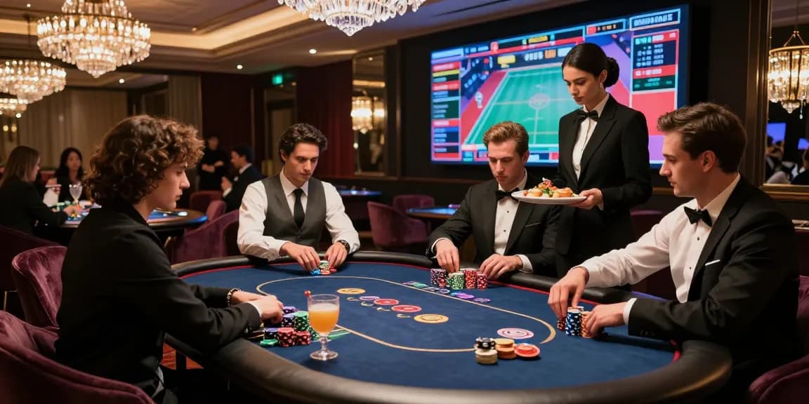 An elegant casino scene showcasing sophisticated players at an iwin poker table, highlighting the luxury gaming atmosphere and excitement.