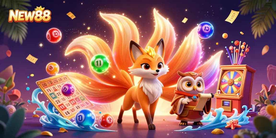 Experience the excitement of NEW88 with vibrant lotteries and games illustrated in an enchanting 3D scene.