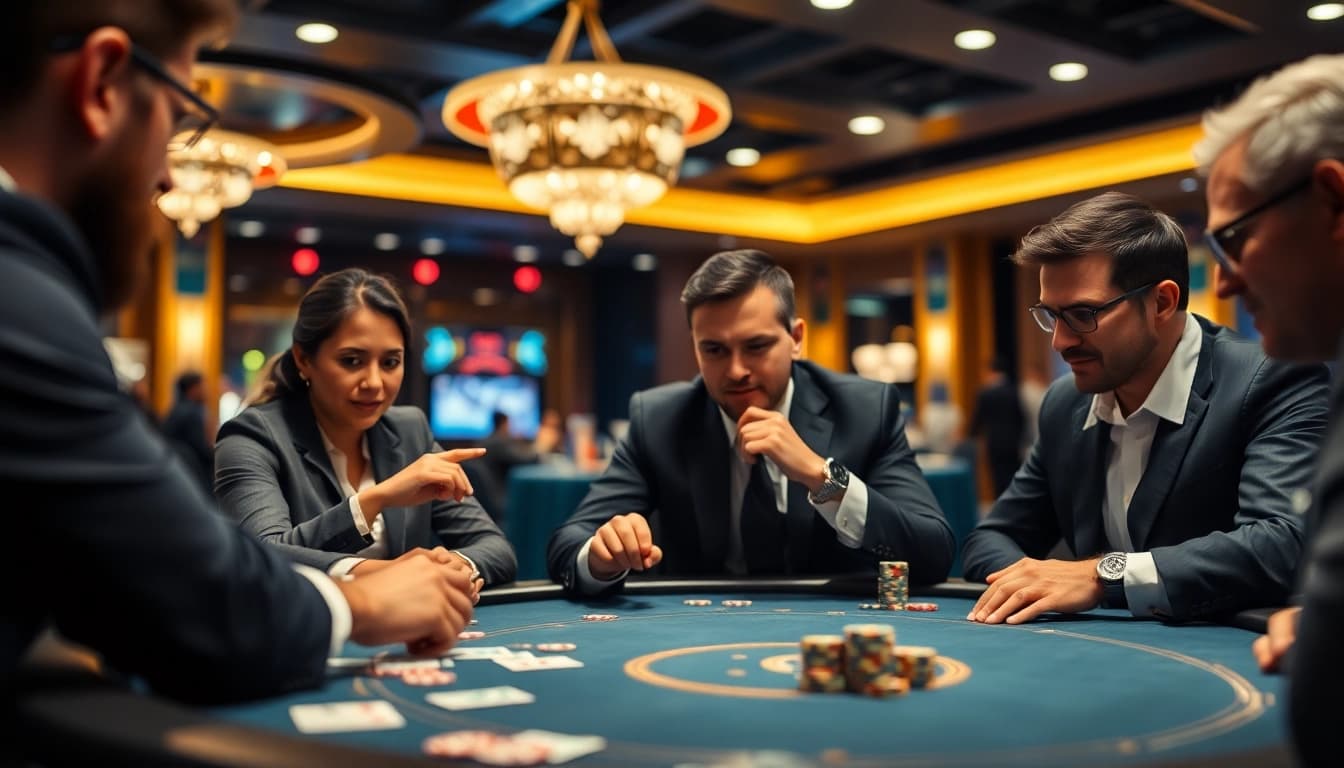 Experience a thrilling Poker Game atmosphere with focused players and vibrant casino details.