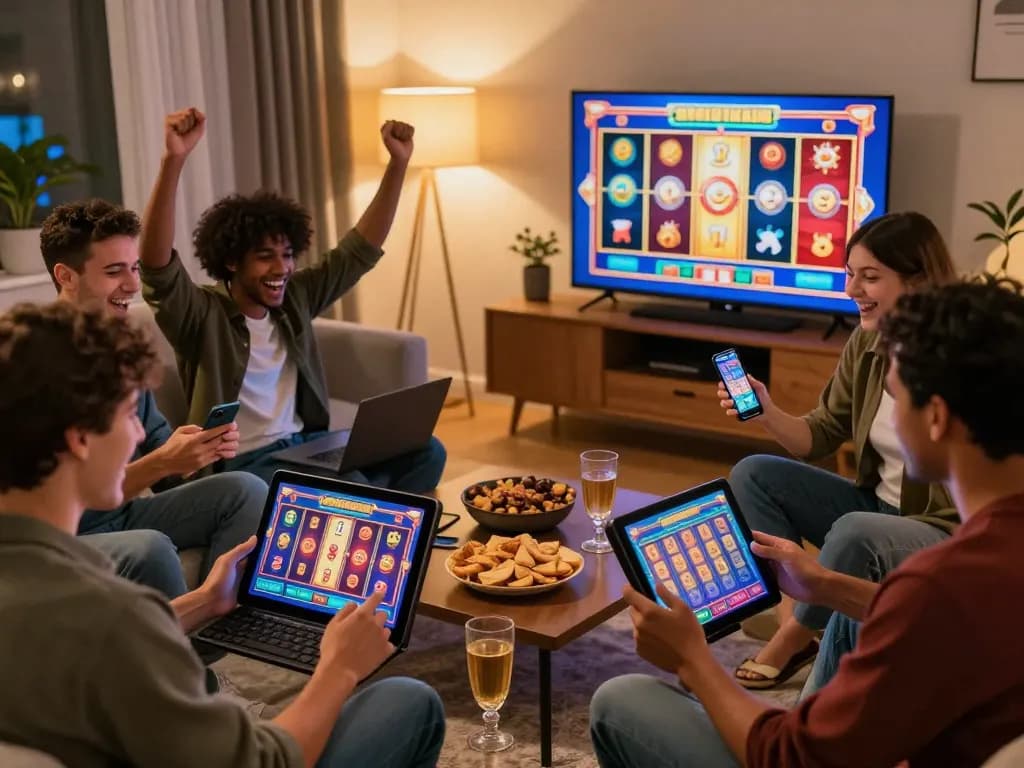 Friends enjoying slot gacor hari ini games together in a cozy living room, celebrating wins and excitement.