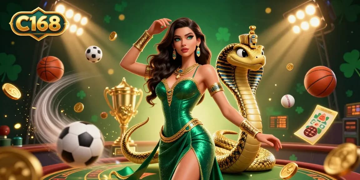 C168 captivates with a dazzling 3D casino illustration showcasing a glamorous woman and sporty elements, inviting players to engage.