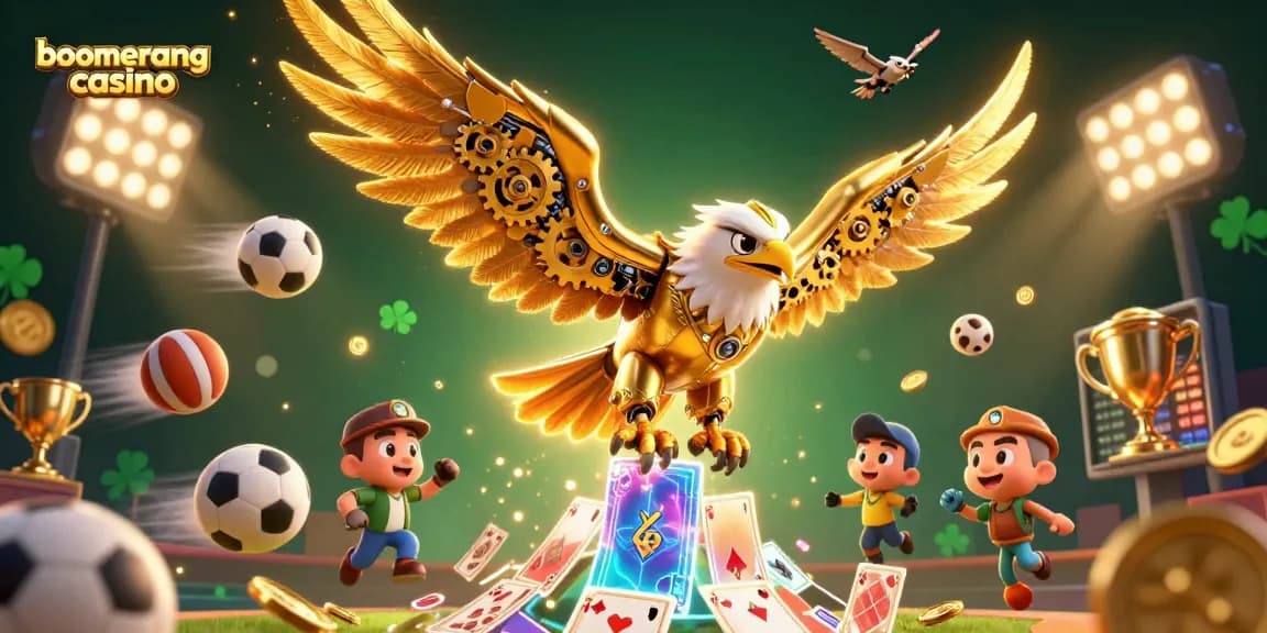 Boomerang casino ponuja dinamično sliko z 3D zlatim orlom, ki prehaja skozi igralske karte.