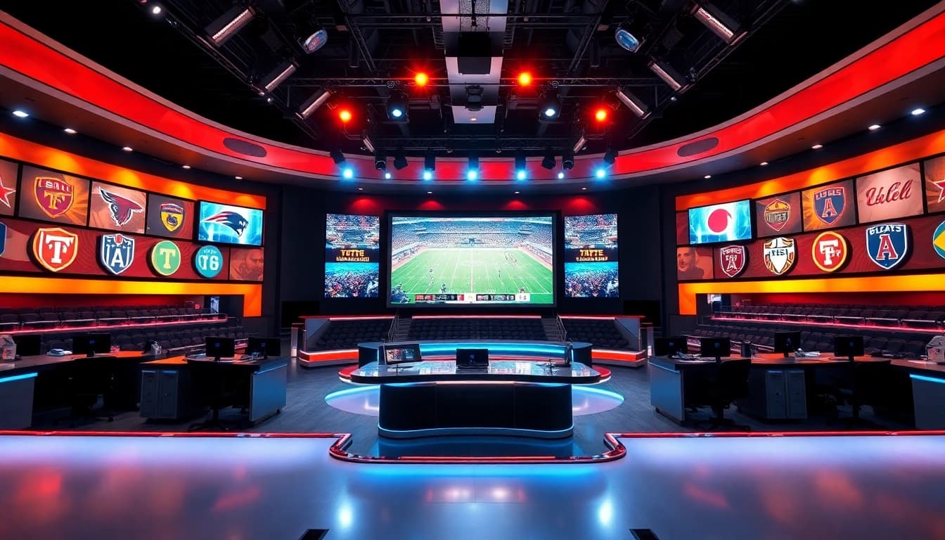 Engaging scene of Sports Broadcasting studio with vibrant screen and dynamic hosts.