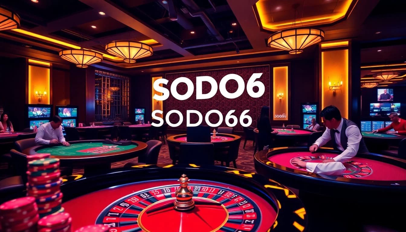 SODO66 players enjoying a vibrant online casino experience with poker chips and roulette wheels.