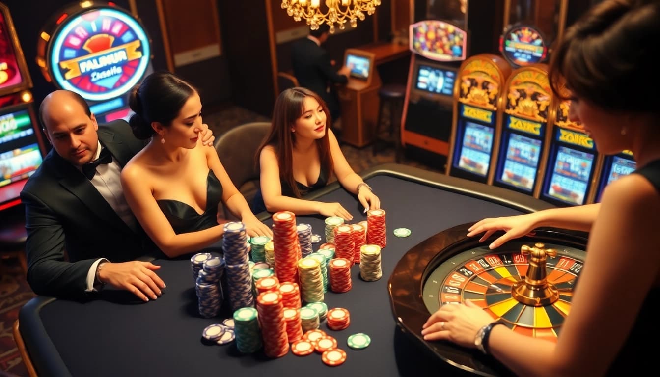 Engaging gamblers at FB68 casino, showcasing poker chips, roulette wheel, and vibrant atmosphere.