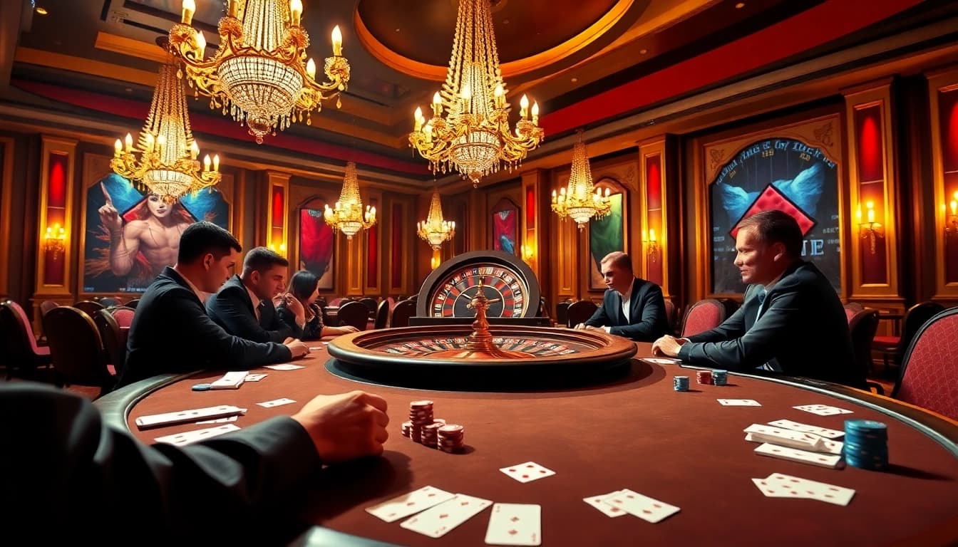 BK8 players enjoying a thrilling poker game at a luxurious casino table surrounded by rich colors and high-stakes action.