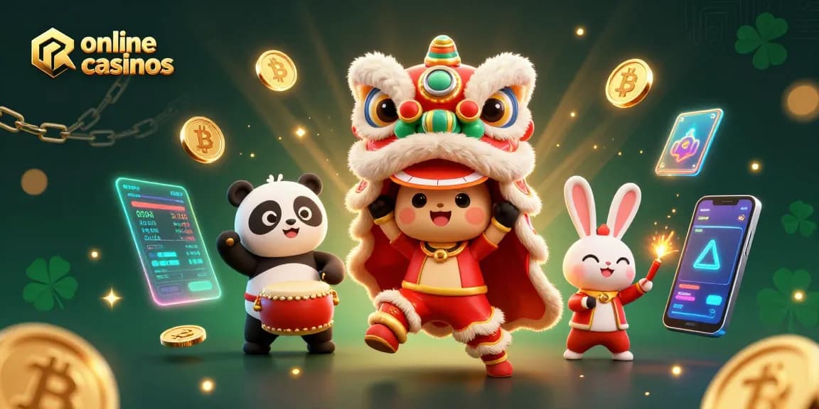 Enjoy thrilling online casinos with a lively lion dance and vibrant game elements in a festive scene.