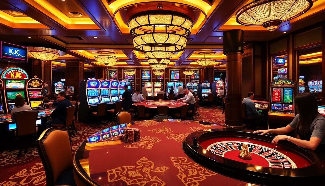 KJC branded casino gaming scene with poker tables, slot machines, and excited players.