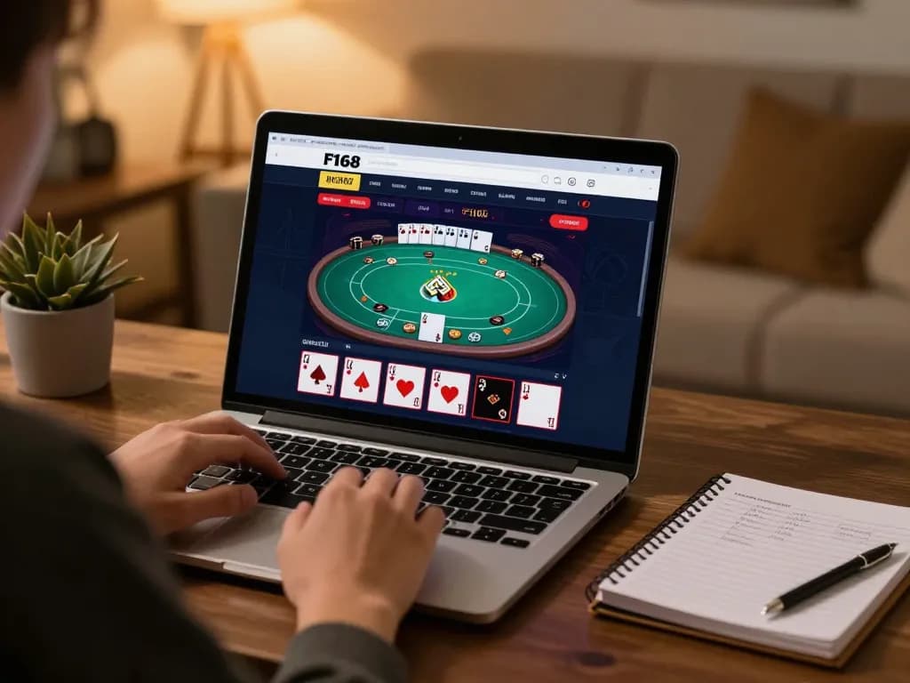 Engaged player strategizing with F168 online casino on laptop while studying gaming tactics.
